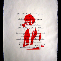 Selbstbefriedigung rot mit Text 02 (2001), ca. 30 x 40 cm